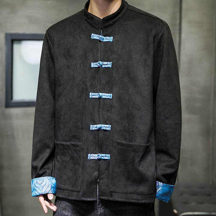 Buddha Stones秋の波模様 カエルボタン 長袖 メンズ スエード コットン ジャケット ポケット付き - image 23