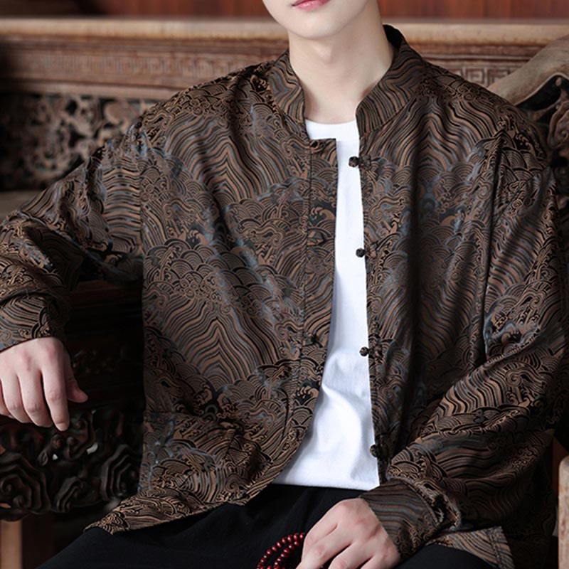 Buddha Stones秋の花 葉 ジャカード フロッグボタン 長袖 メンズ ジャケット ポケット付き - image 3