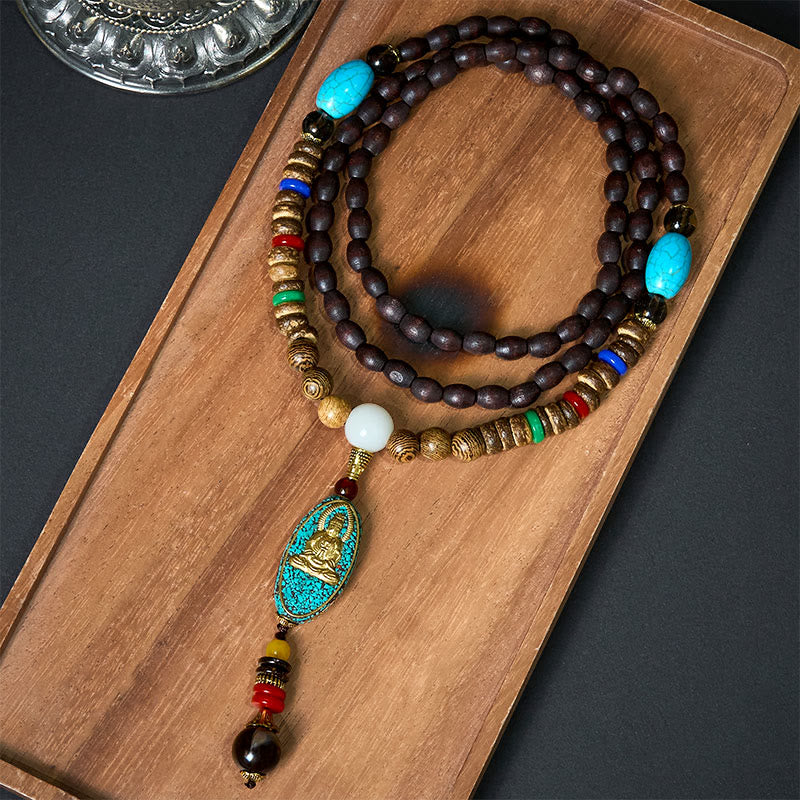ネパールのヴィンテージBuddha Stones、観音菩薩のハーモニーココナッツシェルビーズペンダントネックレス - 観音菩薩のシンボル（富 ♥成就） - image 0