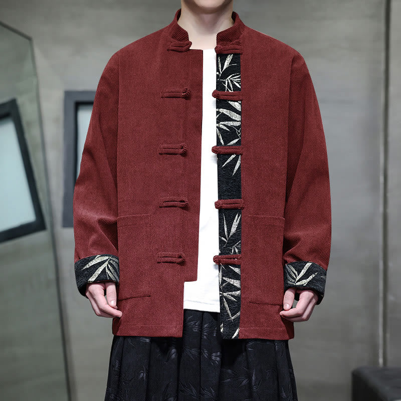 Buddha Stones秋 竹 カエルボタン 長袖 メンズ コーデュロイ コットン ジャケット ポケット付き - ダークレッド - US/UK/AU46、 EU56 (5XL) - image 0