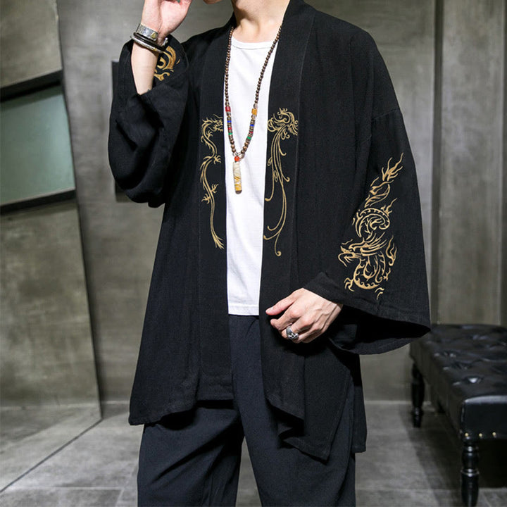 Buddha Stones龍鳳凰前開き長袖ジャケットメンズコットン着物 - image 2