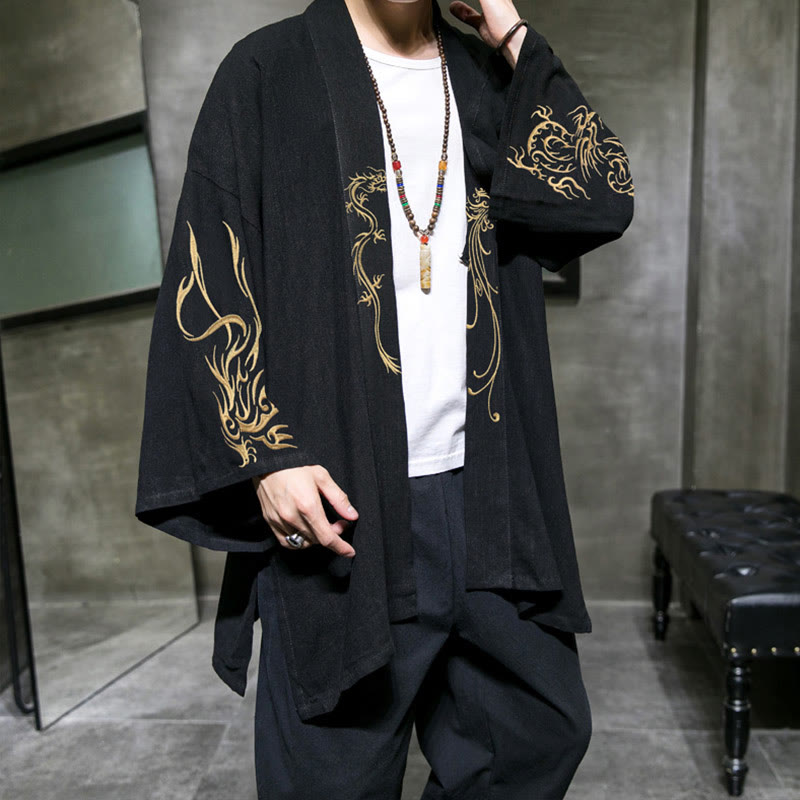 Buddha Stones龍鳳凰前開き長袖ジャケットメンズコットン着物 - 黒 - US/UK/AU46、 EU56 (5XL) - image 0