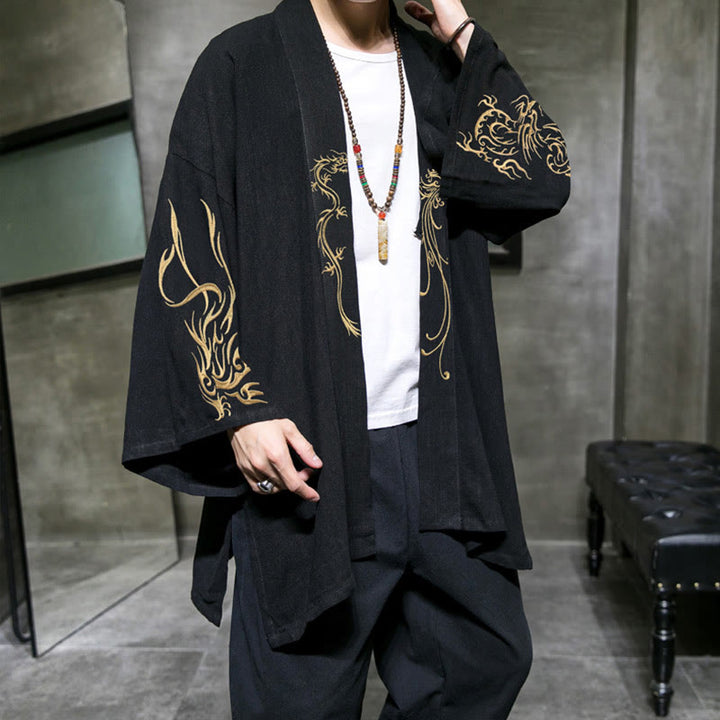 Buddha Stones龍鳳凰前開き長袖ジャケットメンズコットン着物 - 黒 - US/UK/AU46、 EU56 (5XL) - image 0