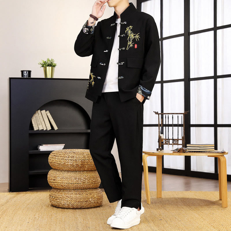 Buddha Stones 2点 唐装 竹 カエルボタン メンズ 長袖 シャツ パンツ 衣類セット - 黒 - US/UK/AU44、 EU54 (4XL) - image 0