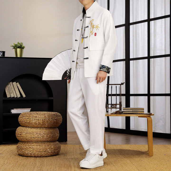 Buddha Stones 2点 唐装 竹 カエルボタン メンズ 長袖 シャツ パンツ 衣類セット - 白 - US/UK/AU44、 EU54 (4XL) - image 10