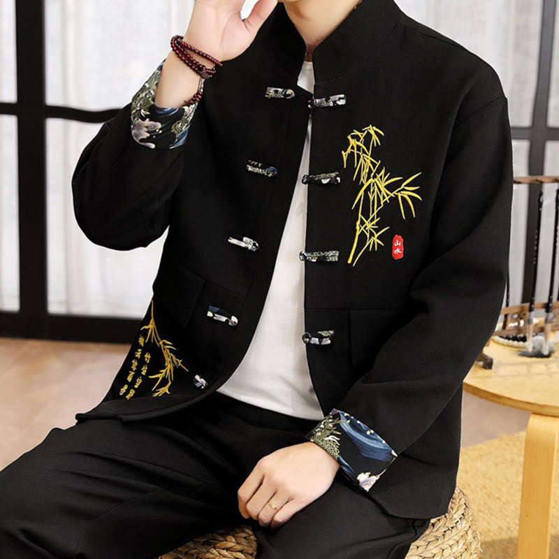 Buddha Stones 2点 唐装 竹 カエルボタン メンズ 長袖 シャツ パンツ 衣類セット - image 3