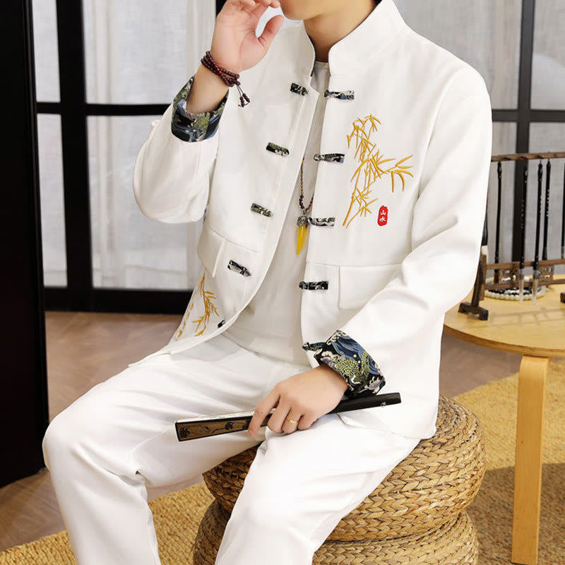 Buddha Stones 2点 唐装 竹 カエルボタン メンズ 長袖 シャツ パンツ 衣類セット - image 13