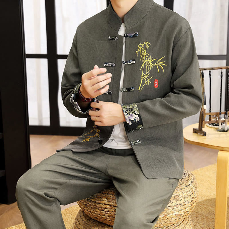 Buddha Stones 2点 唐装 竹 カエルボタン メンズ 長袖 シャツ パンツ 衣類セット - image 18