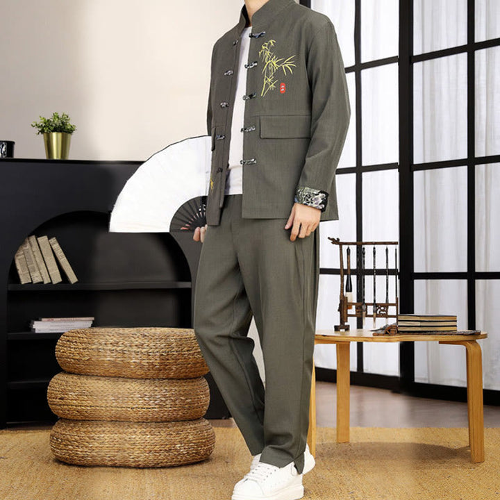 Buddha Stones 2点 唐装 竹 カエルボタン メンズ 長袖 シャツ パンツ 衣類セット - image 16