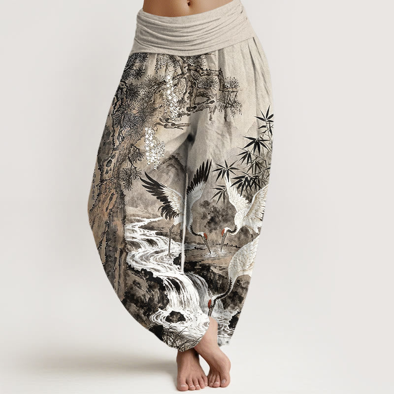 Buddha Stones純綿 タンチョウ柄 ストリーム柄 レディース ウエストゴム ハーレムパンツ - タン - US16、 UK/AU20、 EU48 (3XL) - image 0