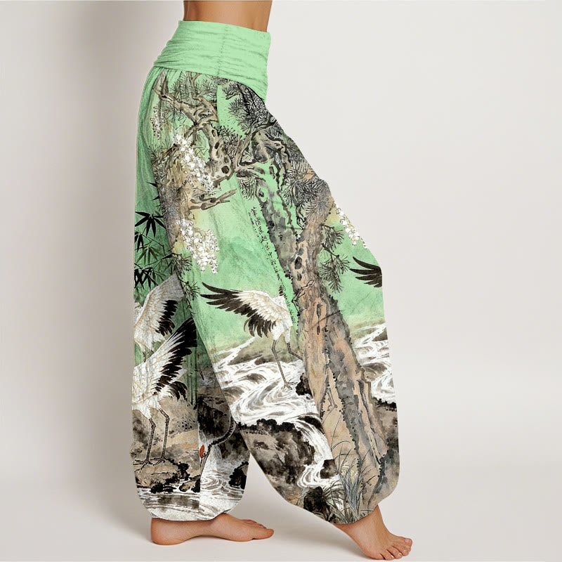 Buddha Stones純綿 タンチョウ柄 ストリーム柄 レディース ウエストゴム ハーレムパンツ - image 7