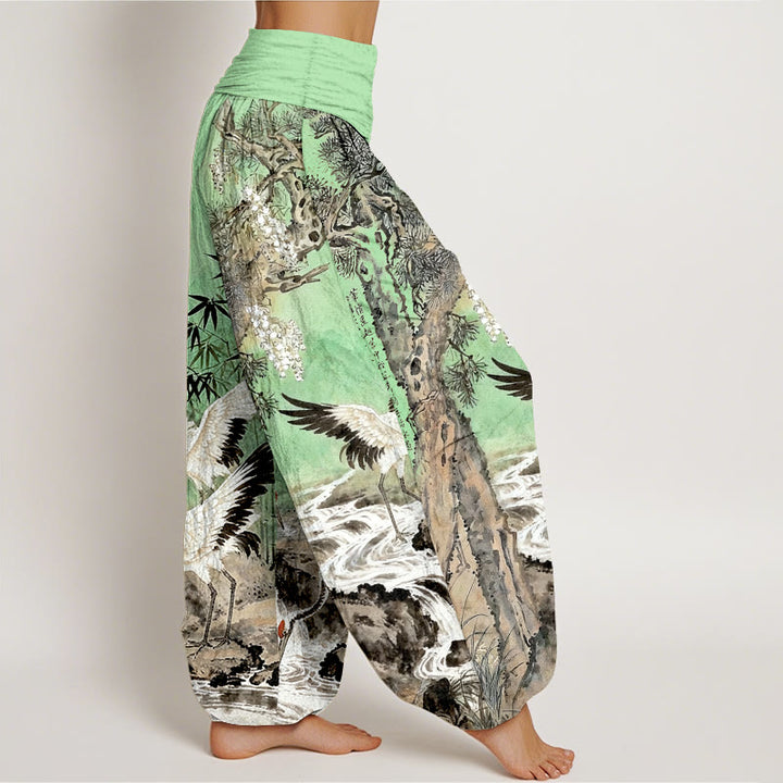 Buddha Stones純綿 タンチョウ柄 ストリーム柄 レディース ウエストゴム ハーレムパンツ - image 7