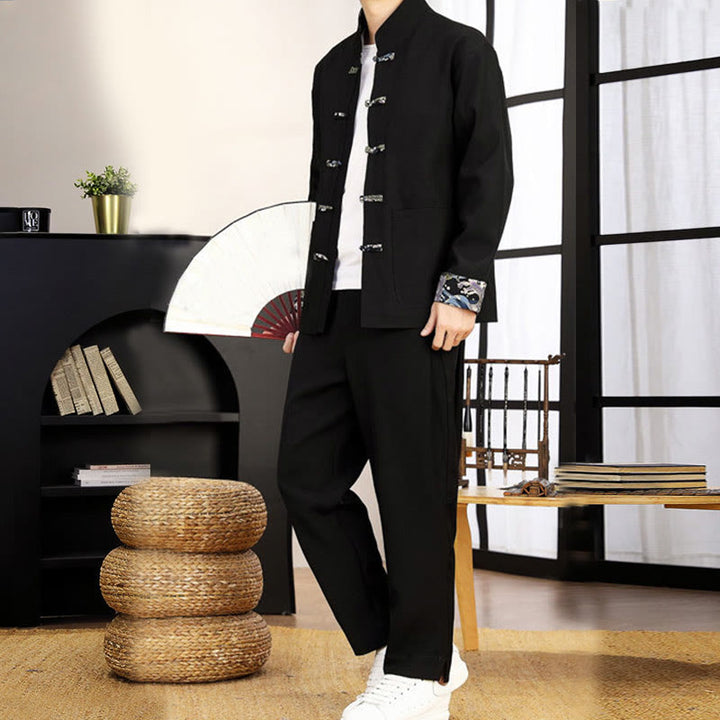 Buddha Stones 2点セット 唐装 カエルボタン メンズ ウェーブ 長袖 シャツ パンツ 衣装セット - image 12