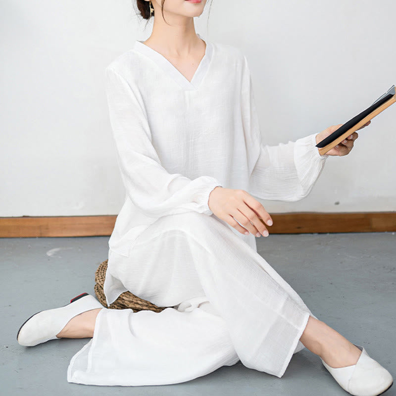 Buddha Stones 2点セット ホワイト 長袖 Vネック シャツ ワイドレッグパンツ 瞑想 レディース セット - image 8