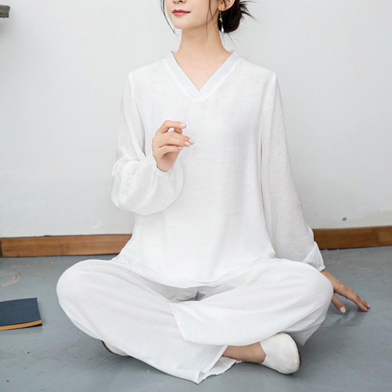 Buddha Stones 2点セット ホワイト 長袖 Vネック シャツ ワイドレッグパンツ 瞑想 レディース セット - image 9