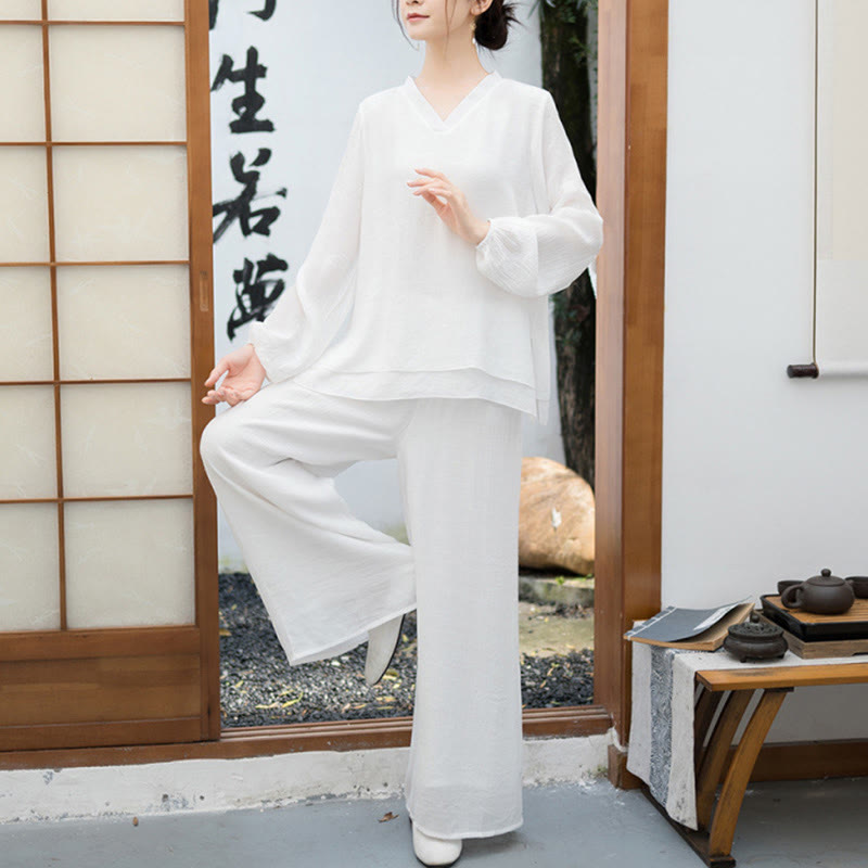 Buddha Stones 2点セット ホワイト 長袖 Vネック シャツ ワイドレッグパンツ 瞑想 レディース セット - 白 - US8-10，UK/AU12-14，EU40-42 (2XL) - image 0