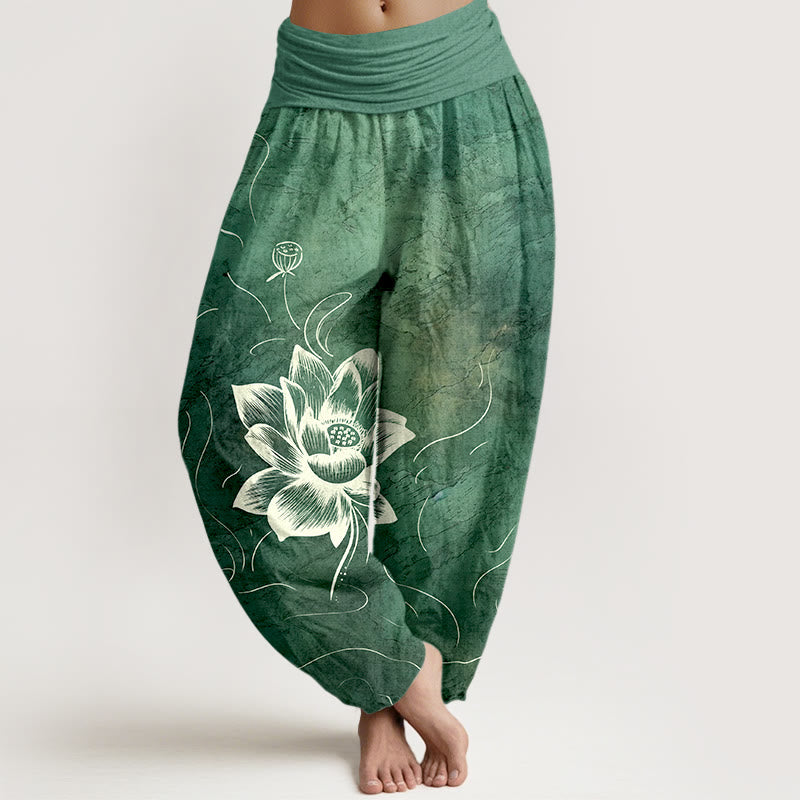 Buddha Stonesピュアコットン 蓮の花柄 レディース 伸縮性ウエスト ハーレムパンツ - シーグリーン - US16、 UK/AU20、 EU48 (3XL) - image 0