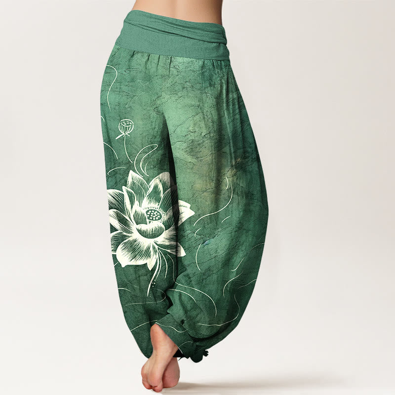 Buddha Stonesピュアコットン 蓮の花柄 レディース 伸縮性ウエスト ハーレムパンツ - image 1
