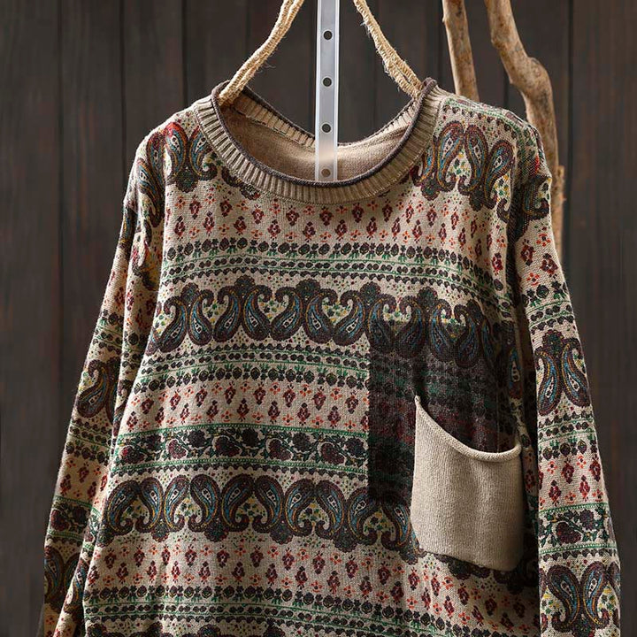 Buddha Stones秋の植物 花柄 クルーネック 長袖 レディース コットン セーター ポケット付き - image 1