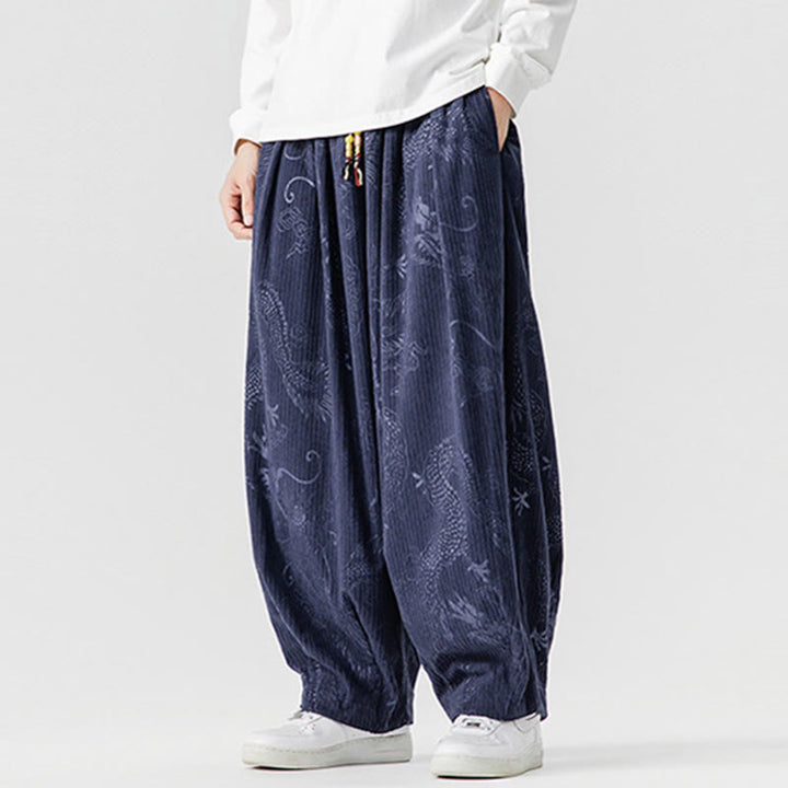 Buddha Stones冬 龍 鳳凰柄 コットンコーデュロイ メンズ ハーレムパンツ ポケット付き - image 18