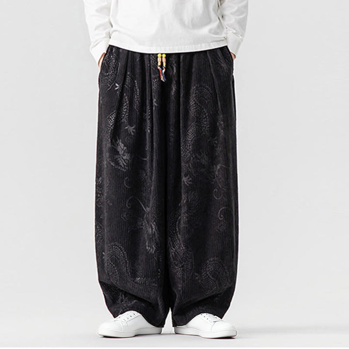 Buddha Stones冬 龍 鳳凰柄 コットンコーデュロイ メンズ ハーレムパンツ ポケット付き - 黒 - US/UK/AU46、 EU56 (5XL) - image 31