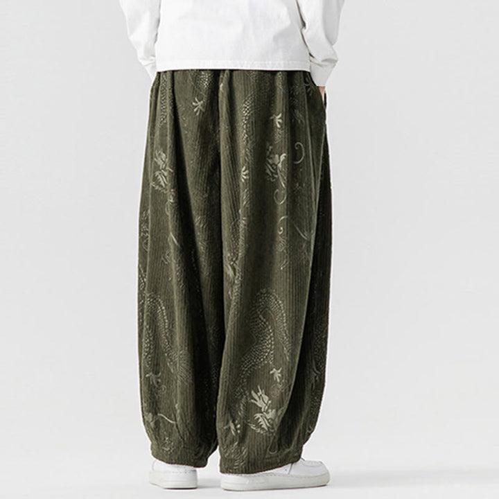 Buddha Stones冬 龍 鳳凰柄 コットンコーデュロイ メンズ ハーレムパンツ ポケット付き - image 3