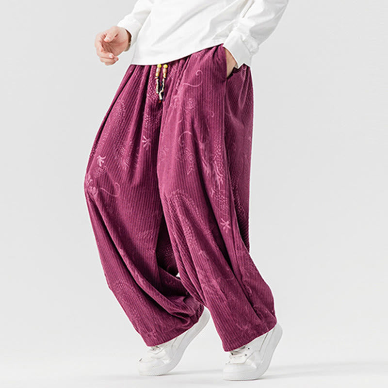 Buddha Stones冬 龍 鳳凰柄 コットンコーデュロイ メンズ ハーレムパンツ ポケット付き - image 14