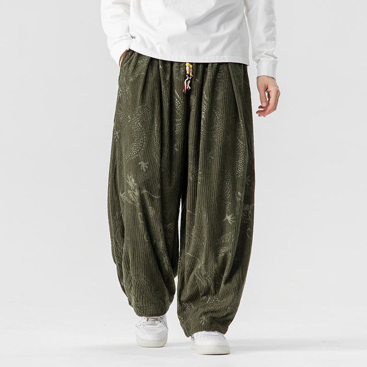 Buddha Stones冬 龍 鳳凰柄 コットンコーデュロイ メンズ ハーレムパンツ ポケット付き - image 0
