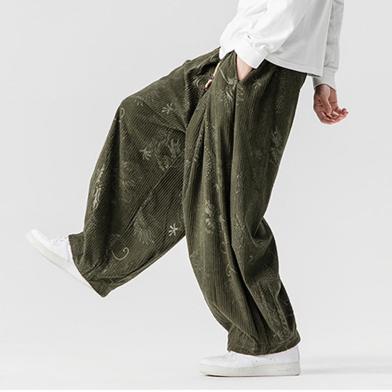 Buddha Stones冬 龍 鳳凰柄 コットンコーデュロイ メンズ ハーレムパンツ ポケット付き - image 7