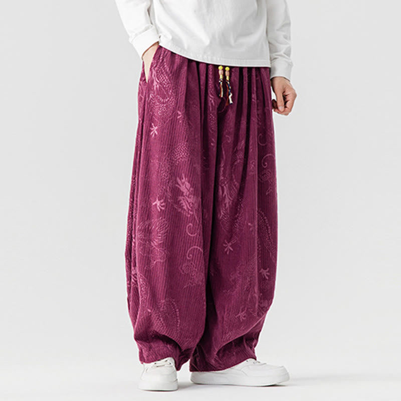 Buddha Stones冬 龍 鳳凰柄 コットンコーデュロイ メンズ ハーレムパンツ ポケット付き - image 12