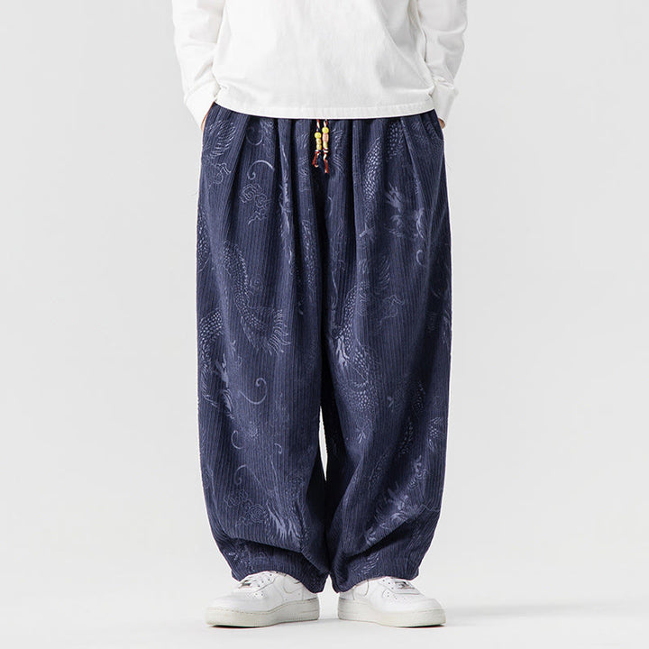 Buddha Stones冬 龍 鳳凰柄 コットンコーデュロイ メンズ ハーレムパンツ ポケット付き - ダークスレートブルー - US/UK/AU46、 EU56 (5XL) - image 16