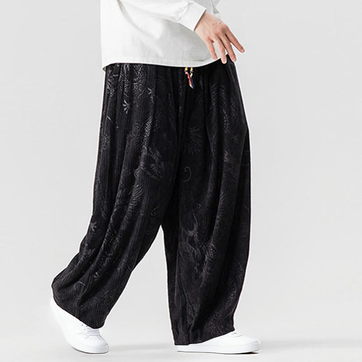 Buddha Stones冬 龍 鳳凰柄 コットンコーデュロイ メンズ ハーレムパンツ ポケット付き - image 35