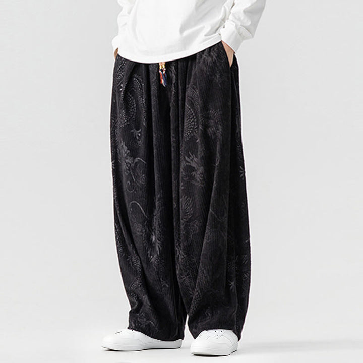 Buddha Stones冬 龍 鳳凰柄 コットンコーデュロイ メンズ ハーレムパンツ ポケット付き - image 32