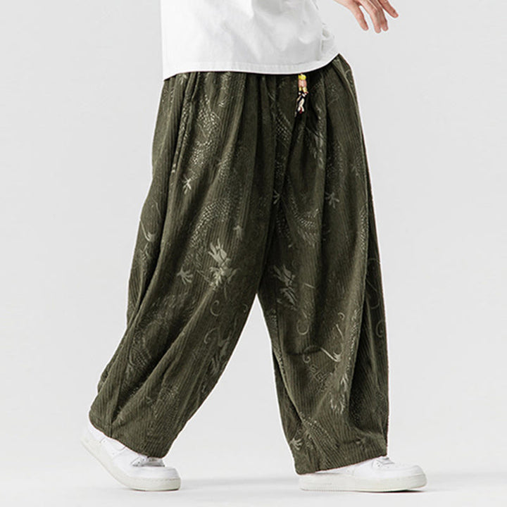 Buddha Stones冬 龍 鳳凰柄 コットンコーデュロイ メンズ ハーレムパンツ ポケット付き - image 5