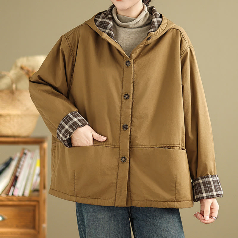 Buddha Stonesのチェック柄パーカー柄 レディース 長袖 コットン 厚手 ジャケット ポケット付き - image 1