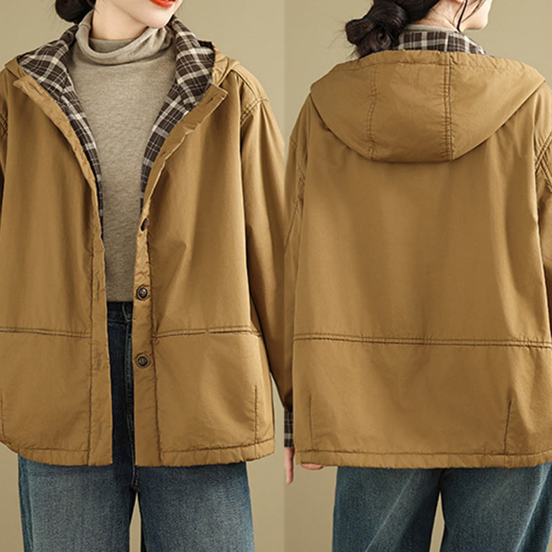 Buddha Stonesのチェック柄パーカー柄 レディース 長袖 コットン 厚手 ジャケット ポケット付き - image 3