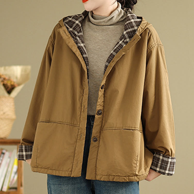 Buddha Stonesのチェック柄パーカー柄 レディース 長袖 コットン 厚手 ジャケット ポケット付き - image 2