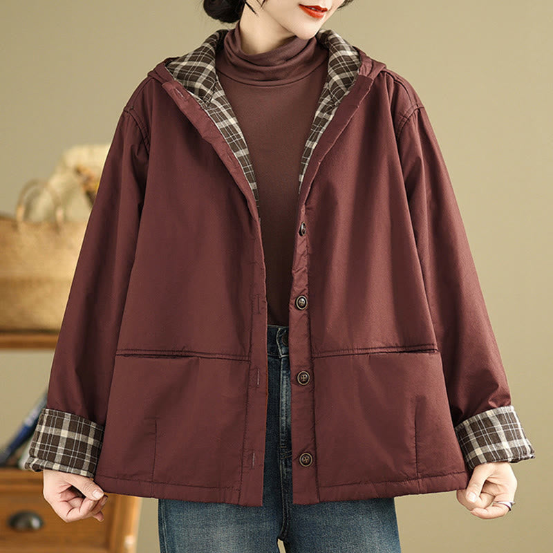 Buddha Stonesのチェック柄パーカー柄 レディース 長袖 コットン 厚手 ジャケット ポケット付き - image 5