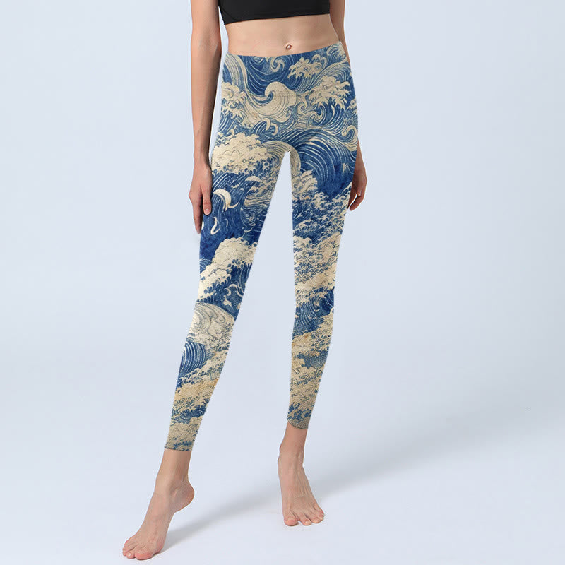 Buddha Stonesと海の波模様プリントのジムレギンス レディース ヨガパンツ - image 5