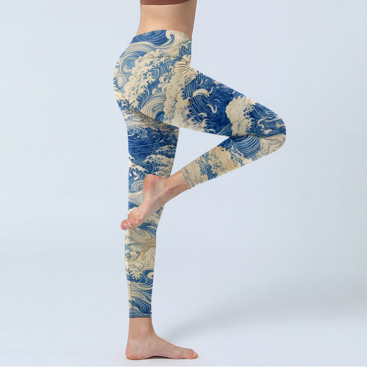 Buddha Stonesと海の波模様プリントのジムレギンス レディース ヨガパンツ - image 4