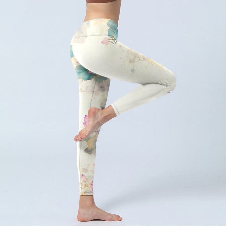 Buddha Stones、蓮の花びら、葉の模様プリントのジムレギンス、レディースヨガパンツ - image 4