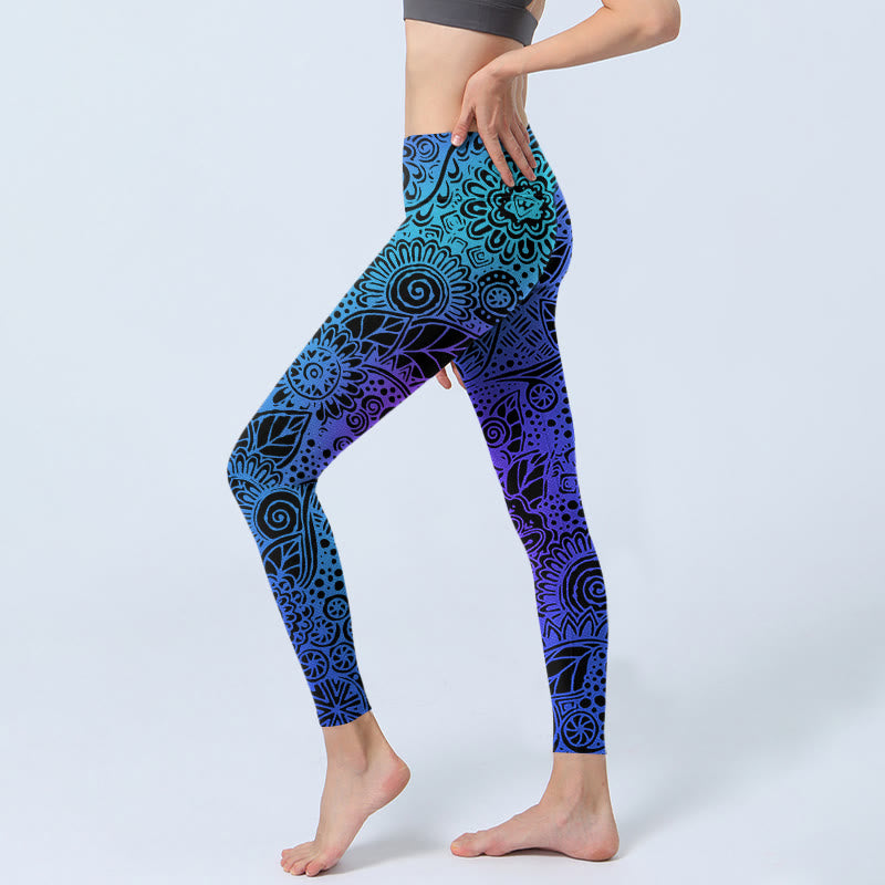 Buddha Stones、花、葉の模様プリントのジムレギンス、レディースヨガパンツ - image 2