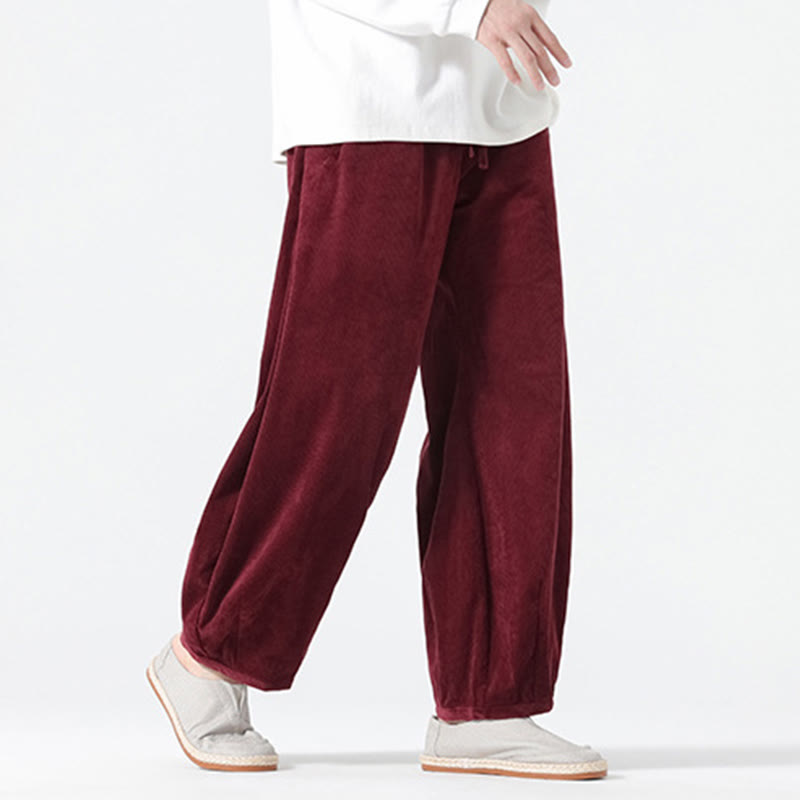 Buddha Stones春 純色 ドローストリングデザイン コーデュロイ コットン メンズ ハーレムパンツ ポケット付き - image 22