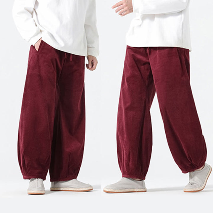 Buddha Stones春 純色 ドローストリングデザイン コーデュロイ コットン メンズ ハーレムパンツ ポケット付き - image 24