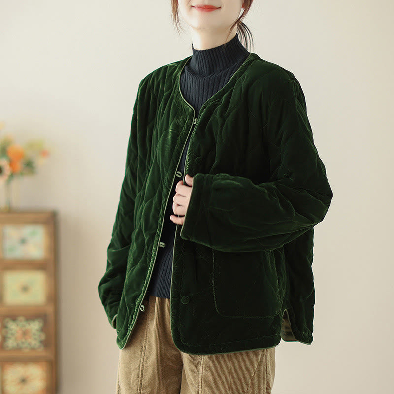 Buddha Stonesダイヤモンド柄ショートスタイルレディース長袖厚手ジャケットポケット付き - ダークグリーン - US12、 UK/AU16、 EU44 (2XL) - image 0