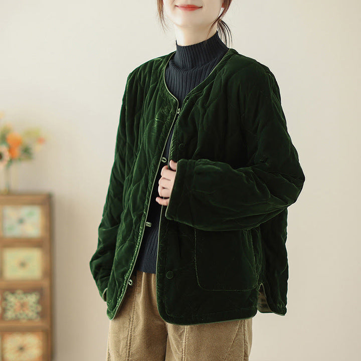 Buddha Stonesダイヤモンド柄ショートスタイルレディース長袖厚手ジャケットポケット付き - ダークグリーン - US12、 UK/AU16、 EU44 (2XL) - image 0