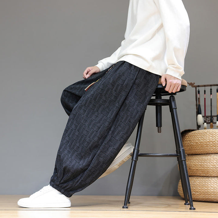 Buddha Stones秋 ジャカード チェック柄 コットン コーデュロイ メンズ ハーレムパンツ ポケット付き - image 9