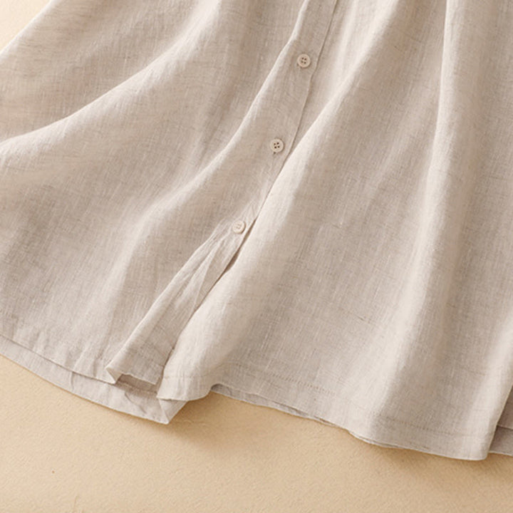 Buddha Stonesベージュ ボタン ラペルデザイン 長袖 コットン ミディドレス ポケット付き - image 6