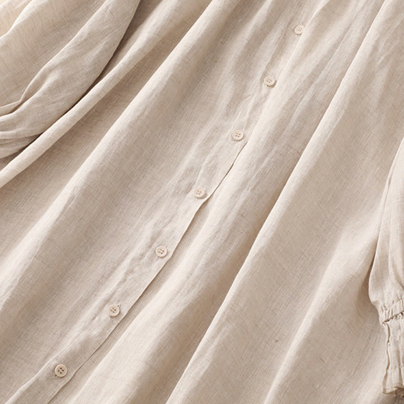 Buddha Stonesベージュ ボタン ラペルデザイン 長袖 コットン ミディドレス ポケット付き - image 5