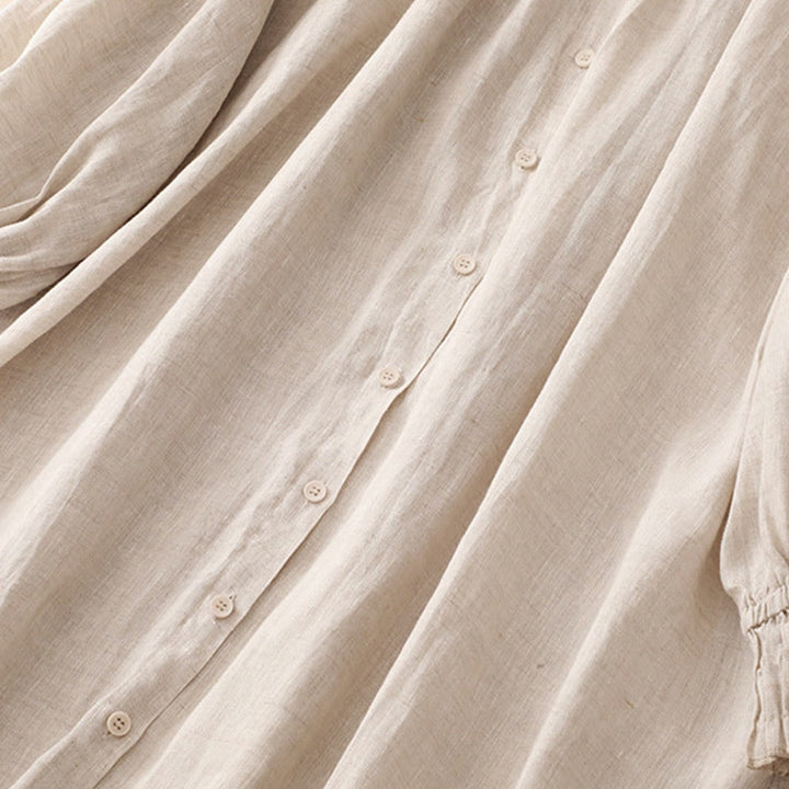 Buddha Stonesベージュ ボタン ラペルデザイン 長袖 コットン ミディドレス ポケット付き - image 5